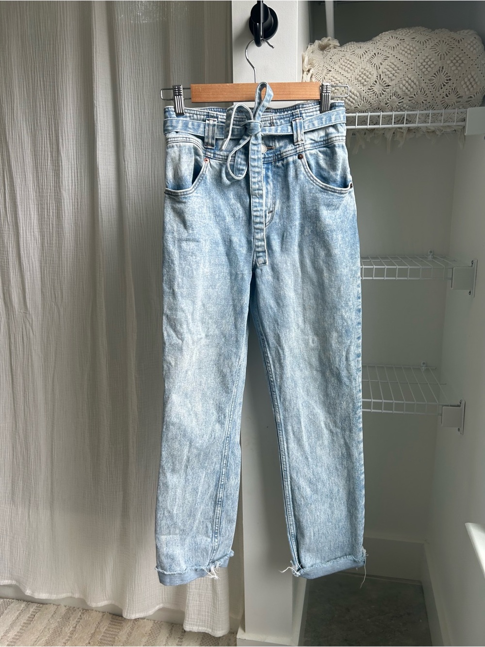 A&F Light Wash Paperbag Waist Jeans with Tie Belt